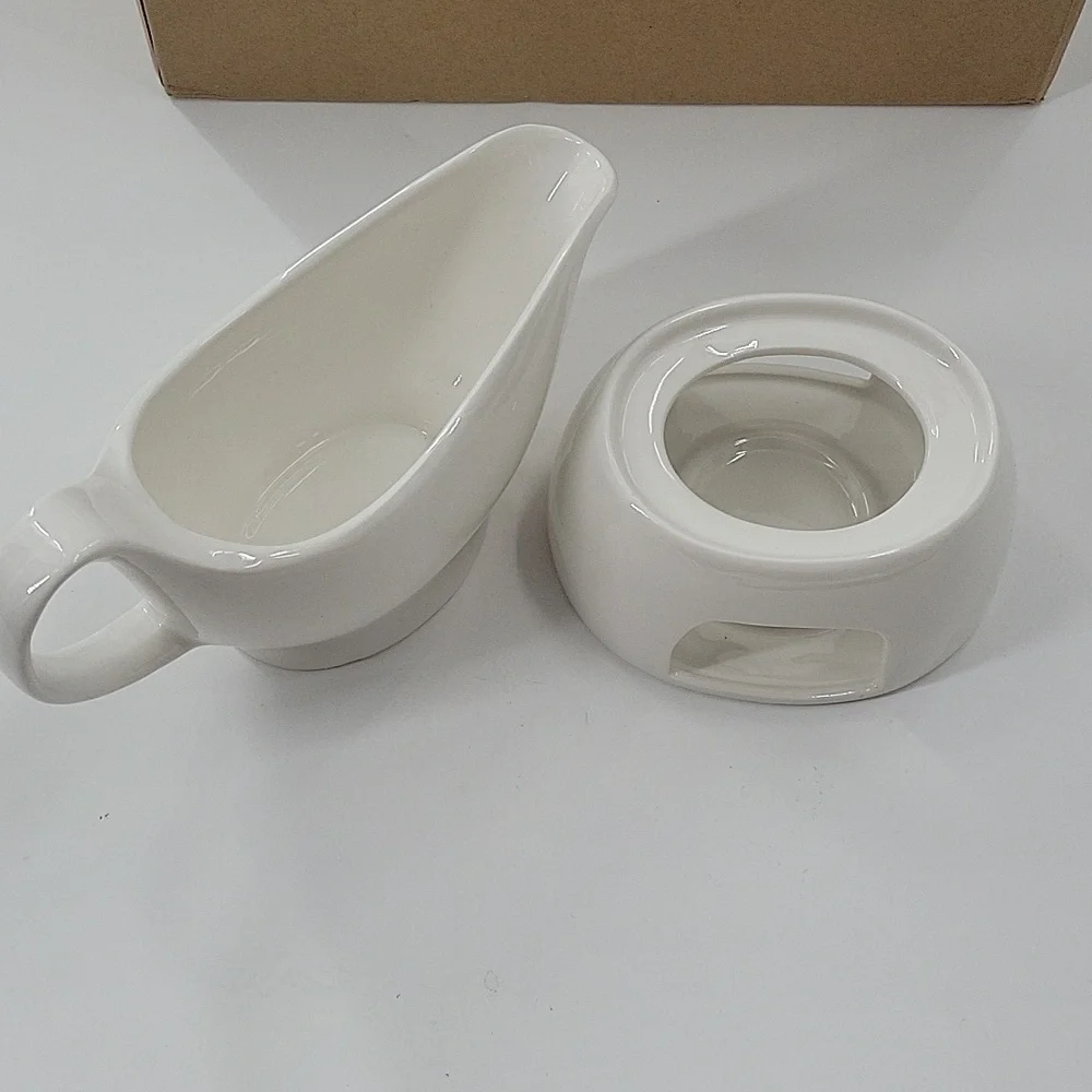 Elegant White Gravy Boat with Warmer New
